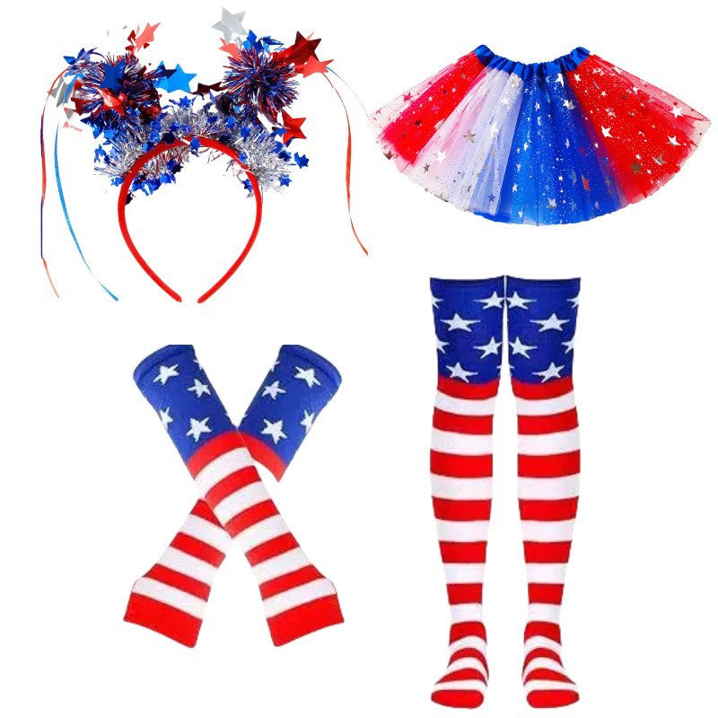 Women's patriotic carnival costume set with layered tulle skirt elastic waistband bow hairband thigh-high stockings and arm warmers Bowlift