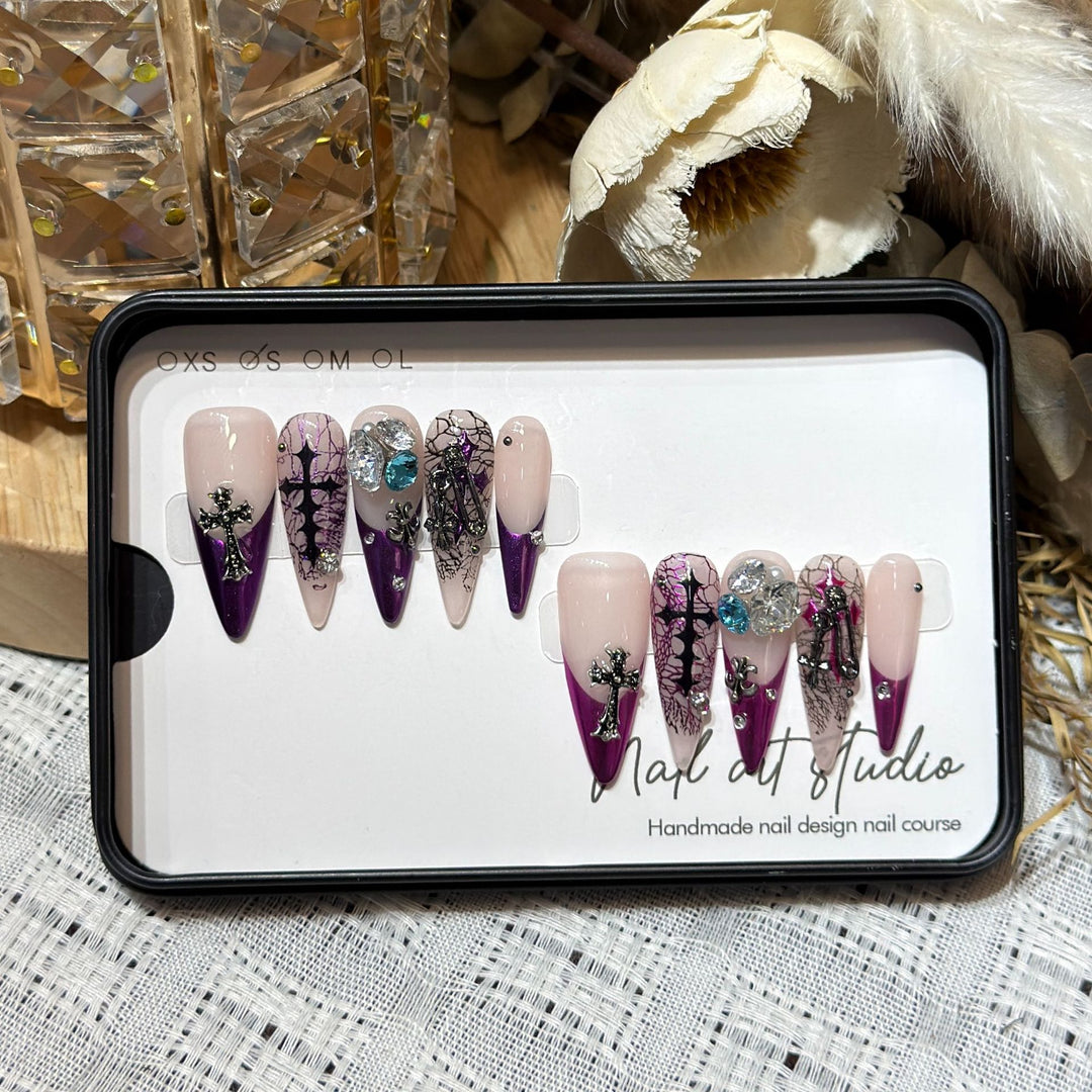 Artistic Stiletto Press-On Nail Set with Unique Floral and Gemstone Accents Bowlift