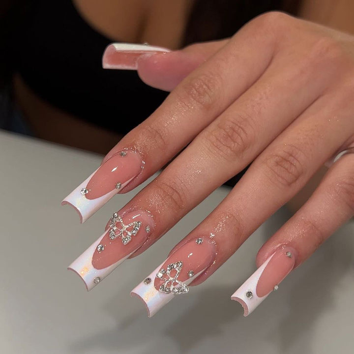 Artistic Gel Nails with Rhinestone Decorations Bowlift