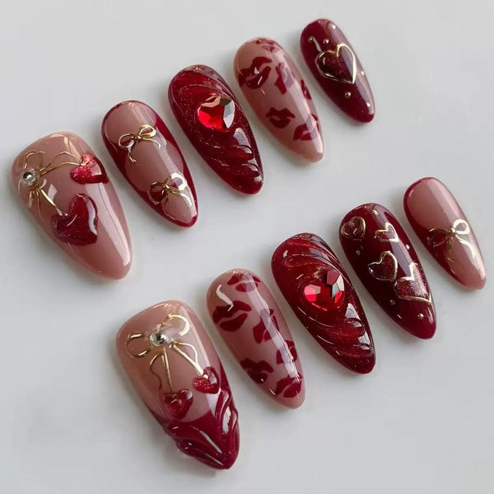 Romantic Heart-Themed Press-On Nail Set Bowlift