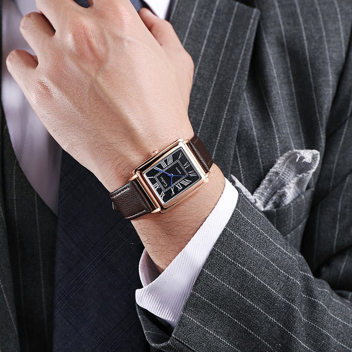 Rectangular Vintage Roman Dial Leather Dress Watch Bowlift