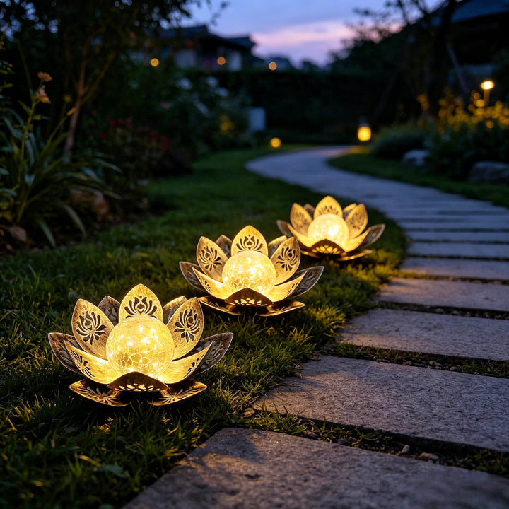 Decorative lotus solar garden light with antique metal petals and cracked glass globe Bowlift
