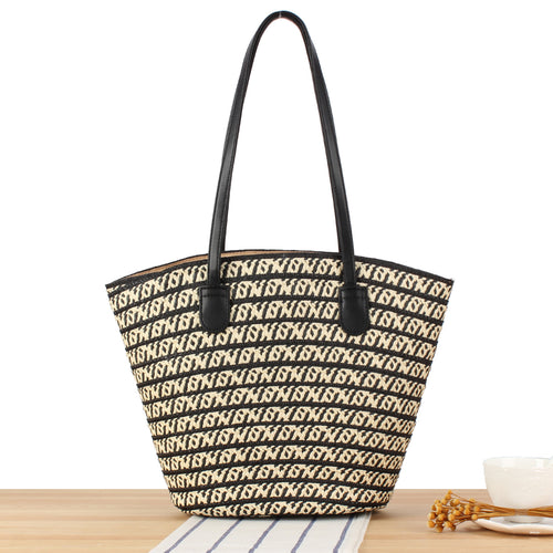 Designer straw bag with contrasting pattern and elegant leather handles Bowlift