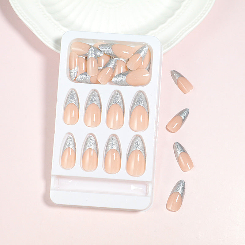 Elegant Glossy Almond-Shaped Press-On Nails with Silver Glitter Tips Bowlift