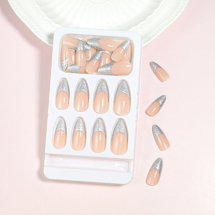Elegant Glossy Almond-Shaped Press-On Nails with Silver Glitter Tips Bowlift