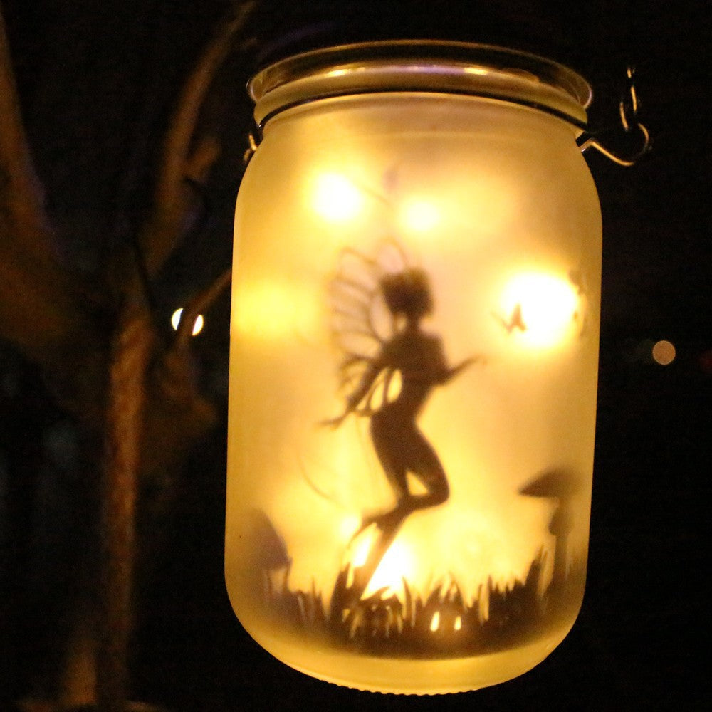 Solar Powered Frosted Fairy Silhouette Mason Jar Lantern With Multicolor LEDs Bowlift