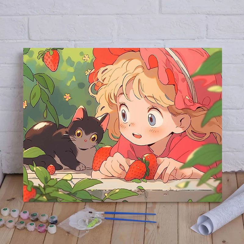Cartoon Cat and Girl Themed Canvas Paint by Numbers Art Kit Bowlift