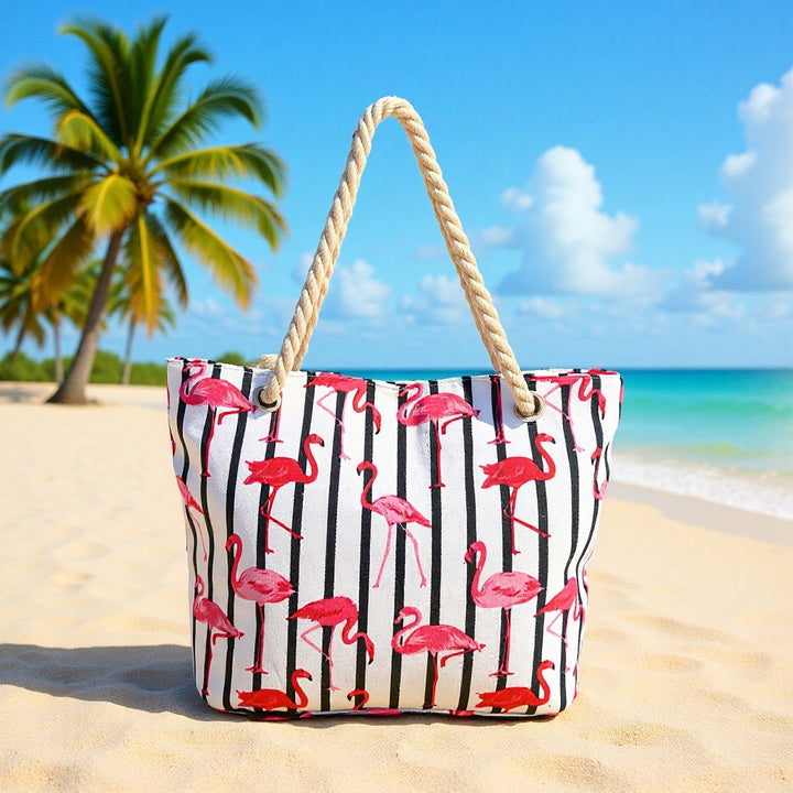 Beach bag with flamingo pattern and sturdy rope handles Bowlift