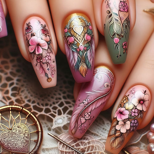 Artificial nails in floral and elegant design Bowlift