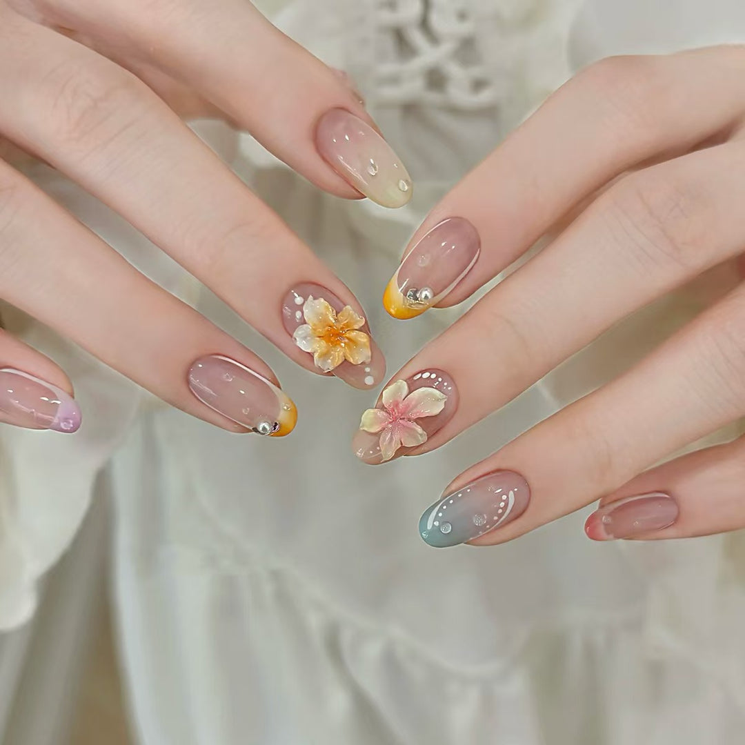 Artistic Press-On Nail Set with Floral and Ombré Designs Bowlift