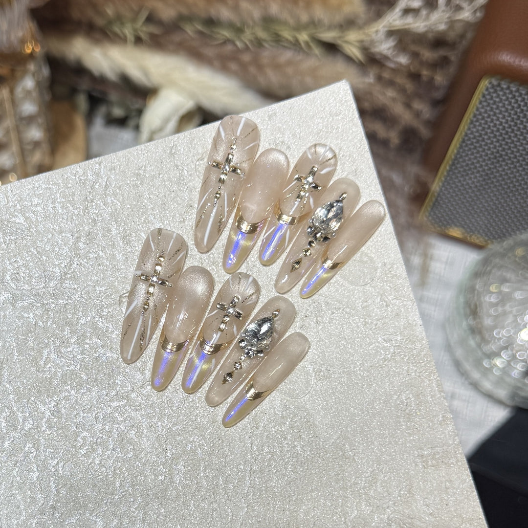 Premium Stiletto Press-On Nail Art Set with Gemstone Accents Bowlift