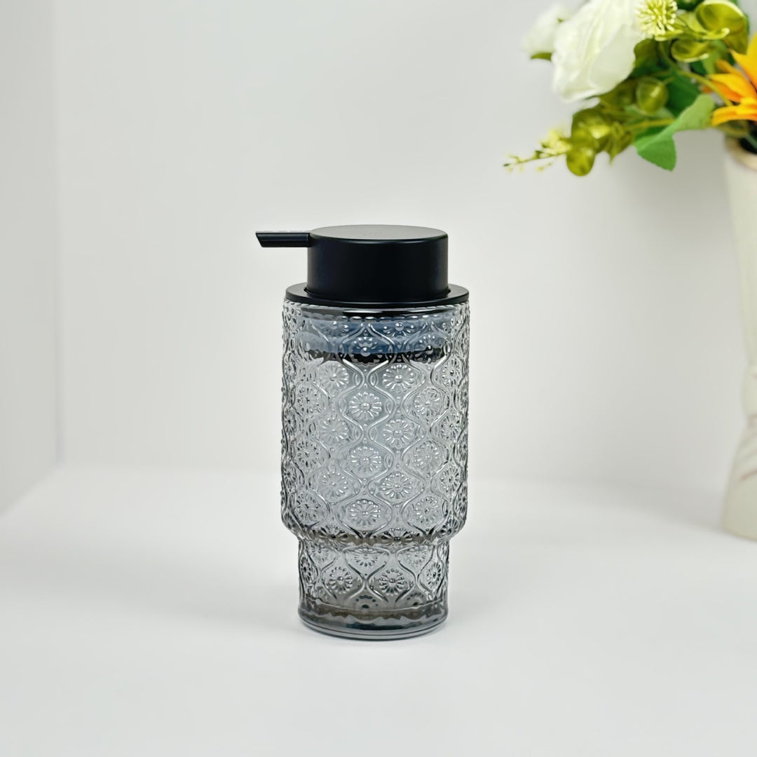 Embossed vintage glass vanity organizer set with pump dispenser and toothbrush cup Bowlift