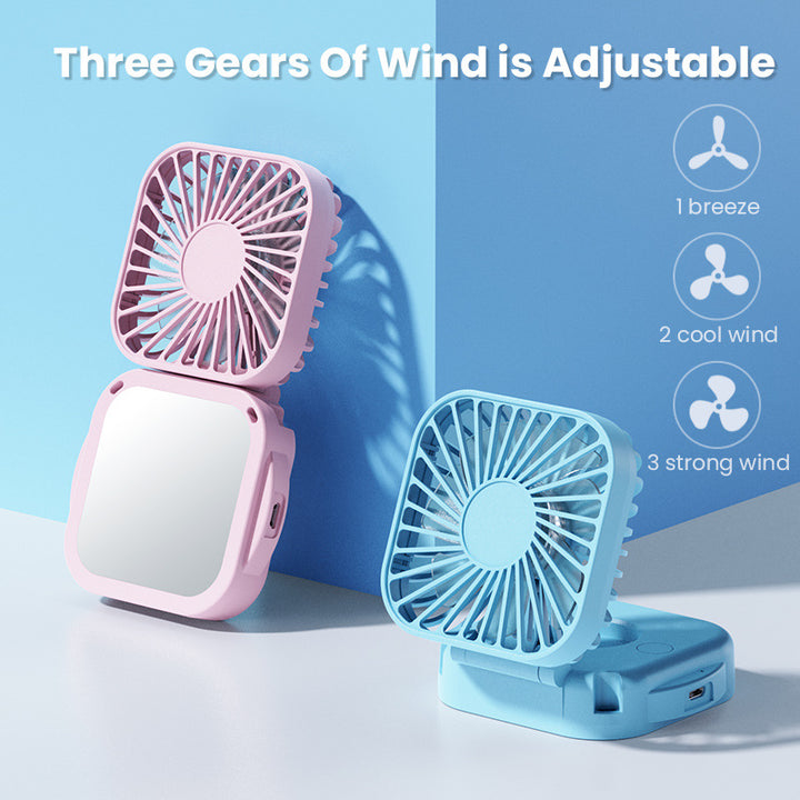 Cooling portable rechargeable folding mini fan with mirror and adjustable swivel stand Bowlift