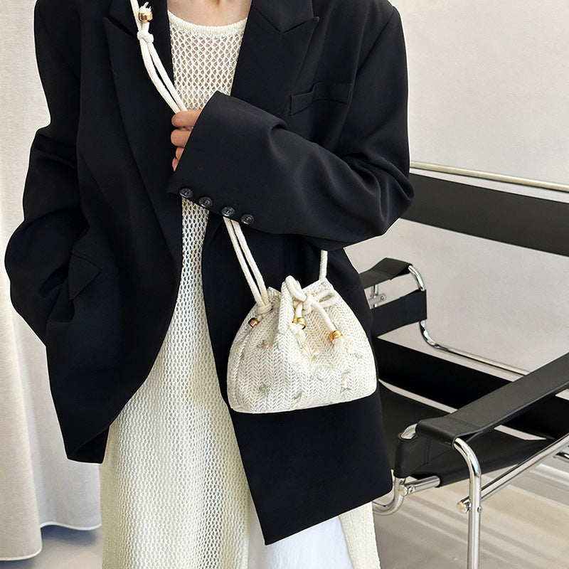 Embroidered Drawstring Bucket Bag Bowlift