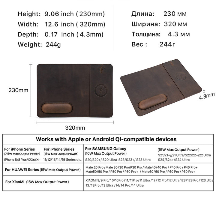 Leather Wireless Charging Desk Mat with Ergonomic Wrist Rest Bowlift