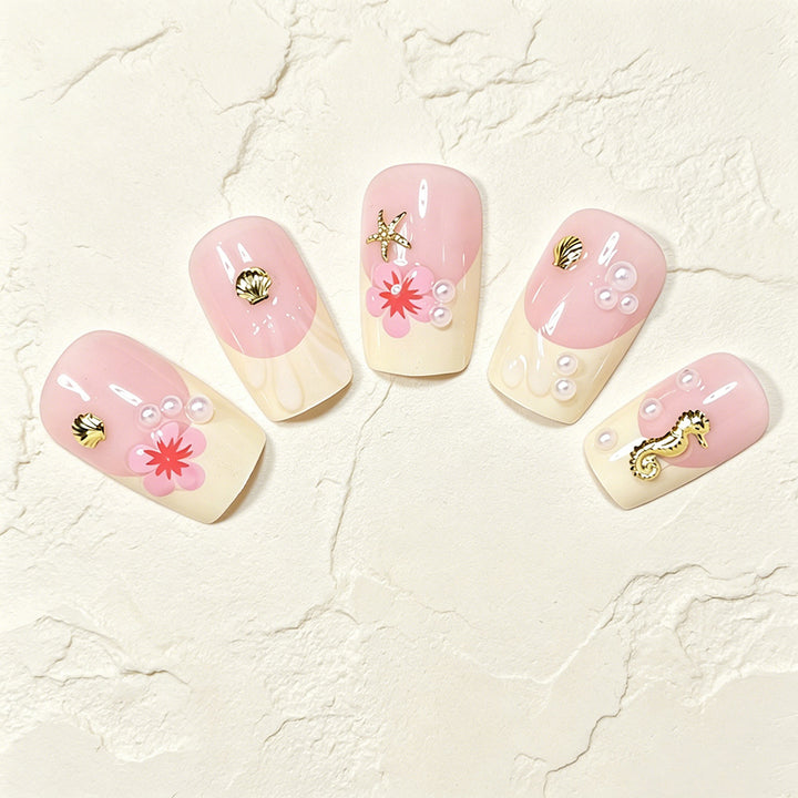 Tropical Shell and Flower Press-On Nail Art Bowlift