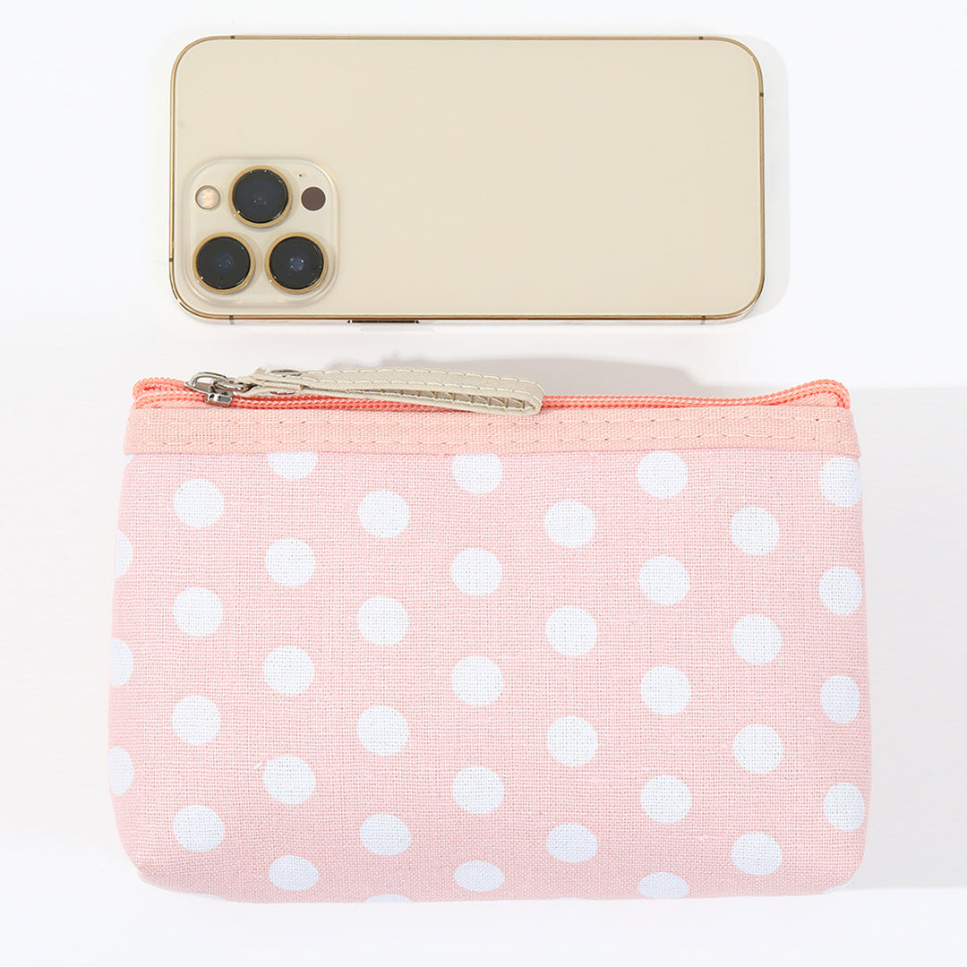 Polka dot canvas cosmetic pouch with top zipper and leather pull Bowlift