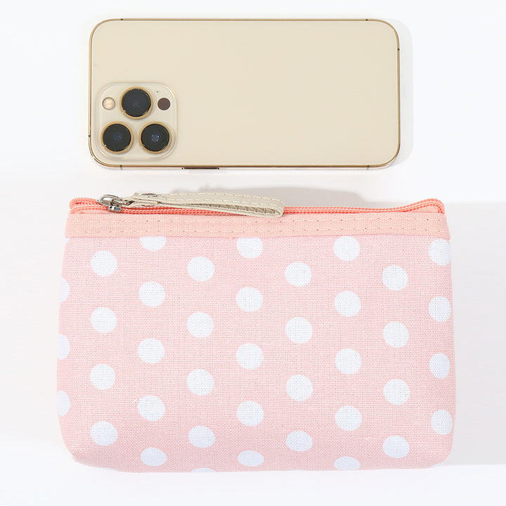 Polka dot canvas cosmetic pouch with top zipper and leather pull Bowlift
