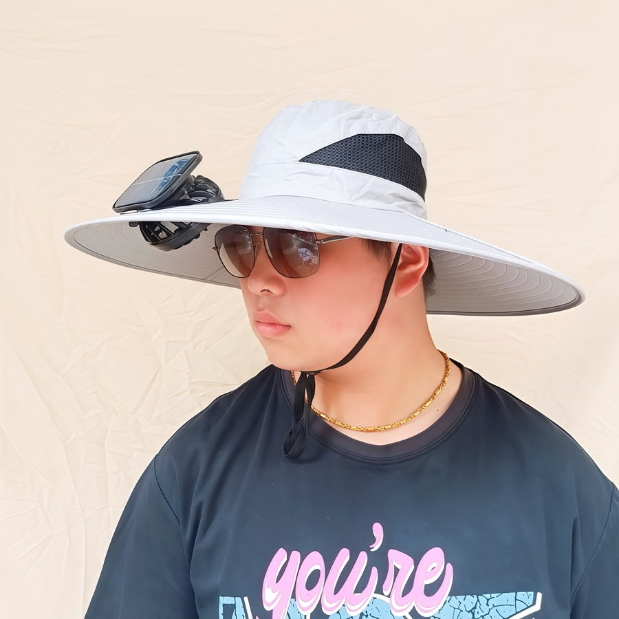 Wide-brimmed sun hat with detachable swivel solar fans and adjustable chin strap Bowlift