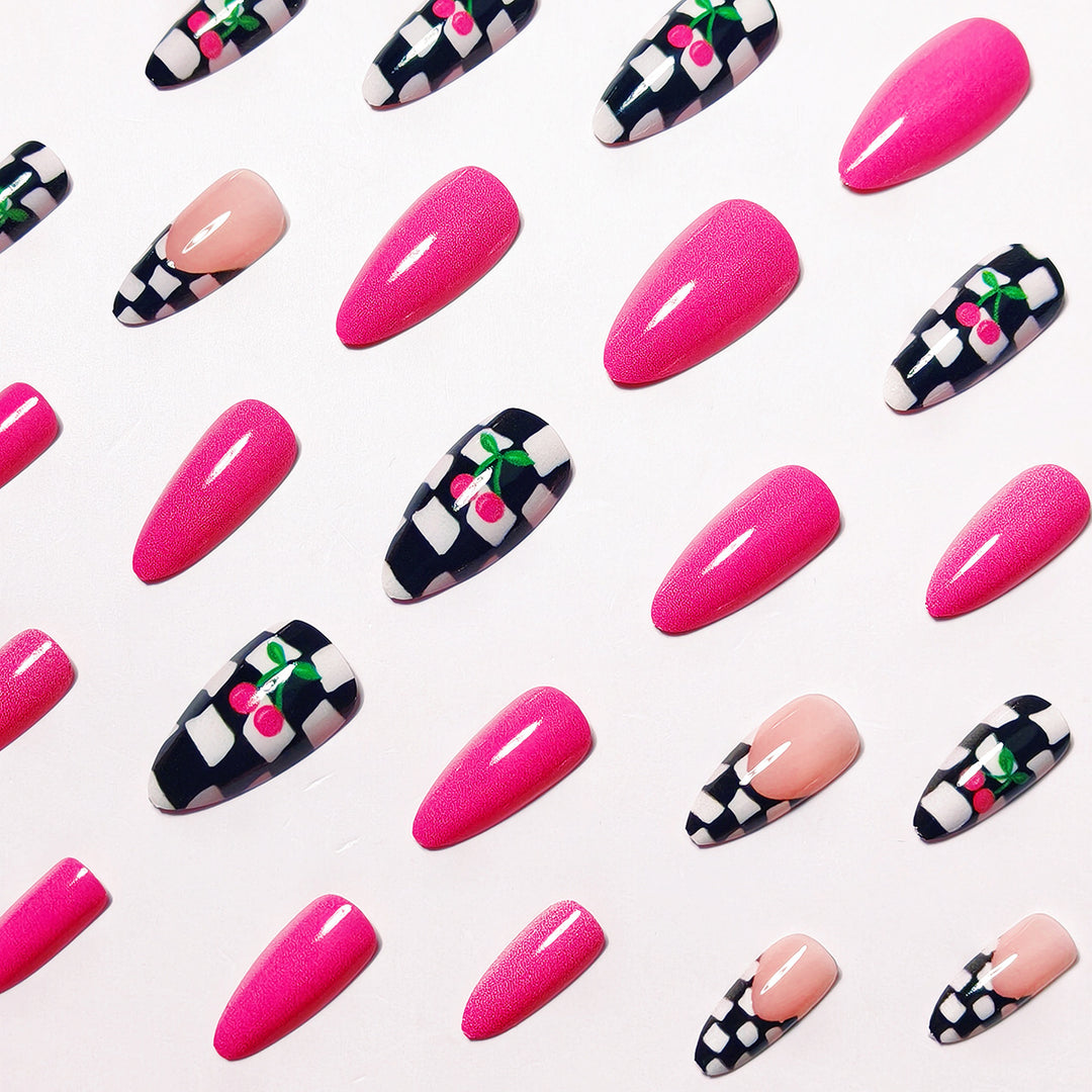 Creative Checkerboard and Cherry Nail Art Bowlift