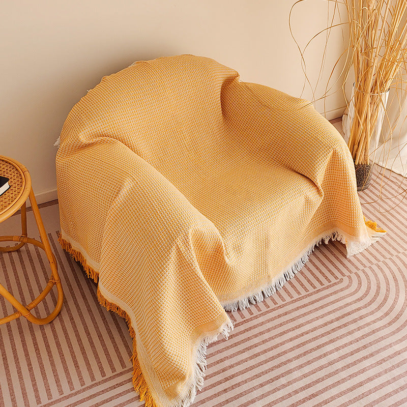 Waffle-Weave Fringed Throw Blanket Bowlift