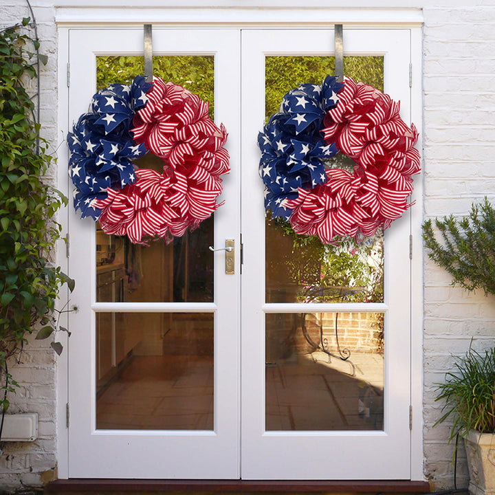 Unisex nan Americana star and stripe mesh front door wreath with full-bodied deco ribbon and over the door hanger Bowlift