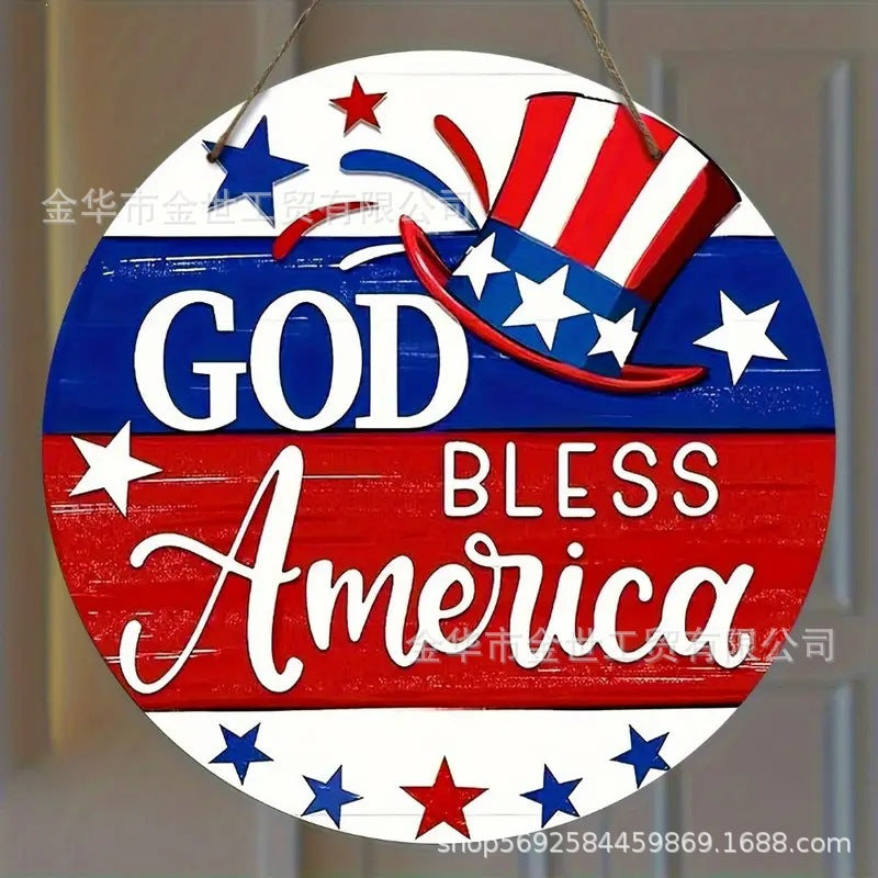Independence Day rustic round wooden patriotic cross wall plaque with floral accents and God Bless America banner Bowlift
