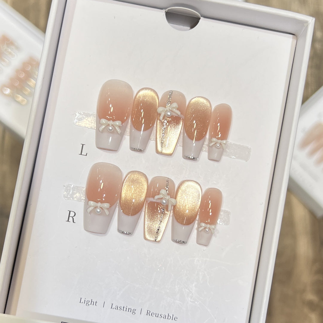 Elegant Reusable Press-On Nail Art Set with Pearl and Glitter Accents Bowlift