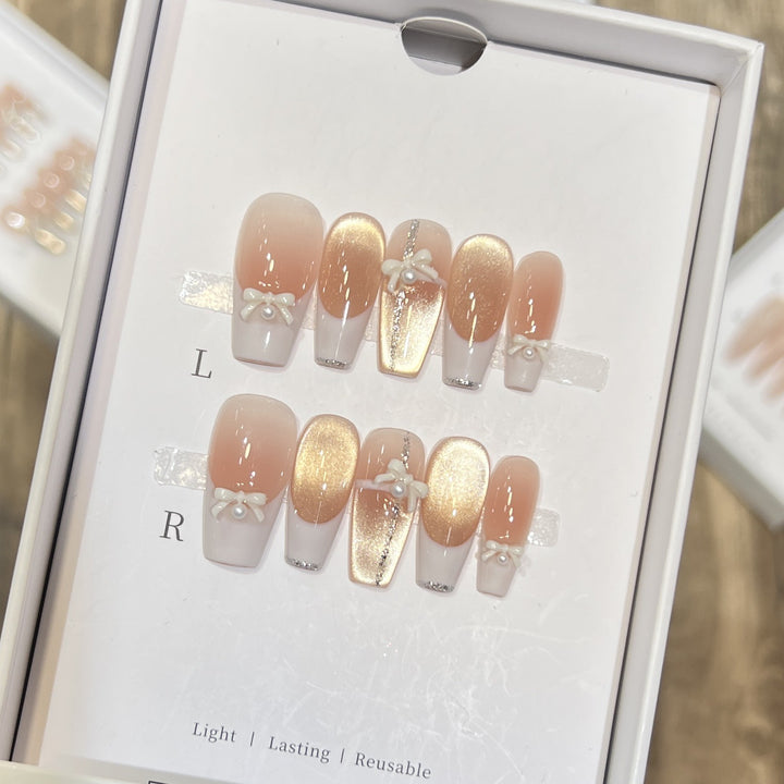 Elegant Reusable Press-On Nail Art Set with Pearl and Glitter Accents Bowlift