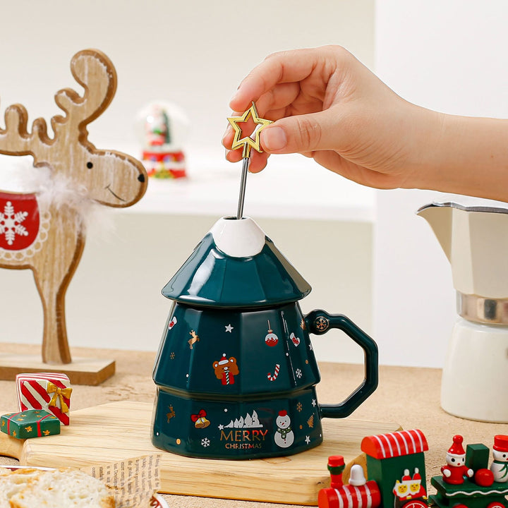 Creative Ceramic Christmas Tree Lid Spoon Mug