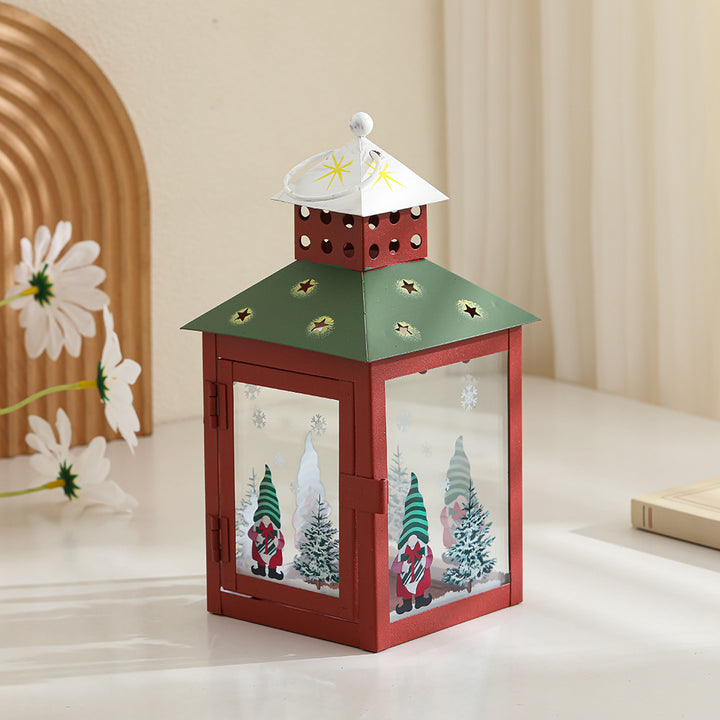Decorative Holiday Tea Light Lantern with Glass Pane Gnome & Pine Motif Bowlift