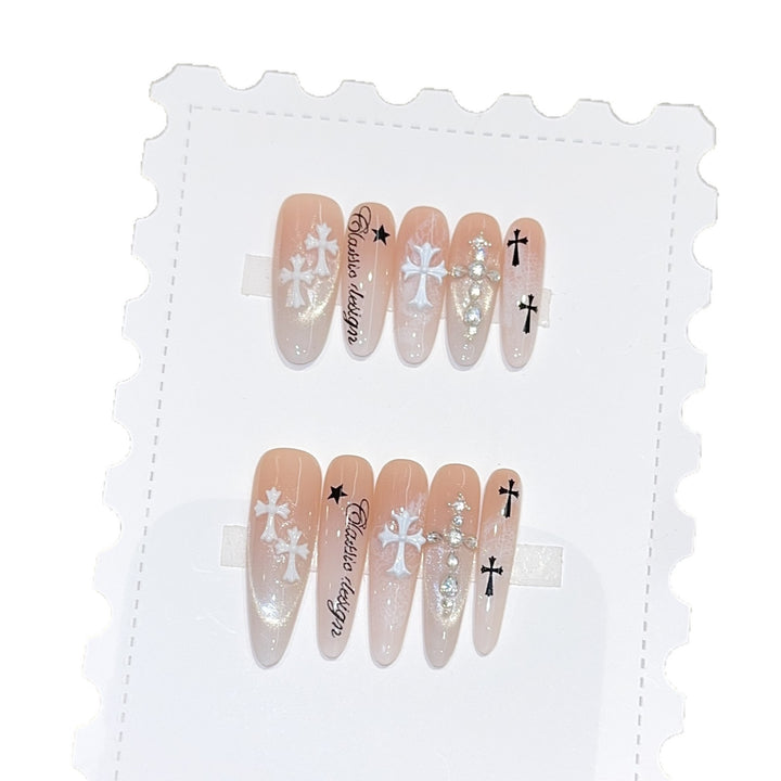 Artificial nail tips with cross and glitter motifs Bowlift
