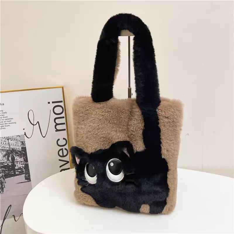 Plush Faux Fur Cartoon Eye-Appliqué Tote Bag with Bow Shoulder Straps Bowlift