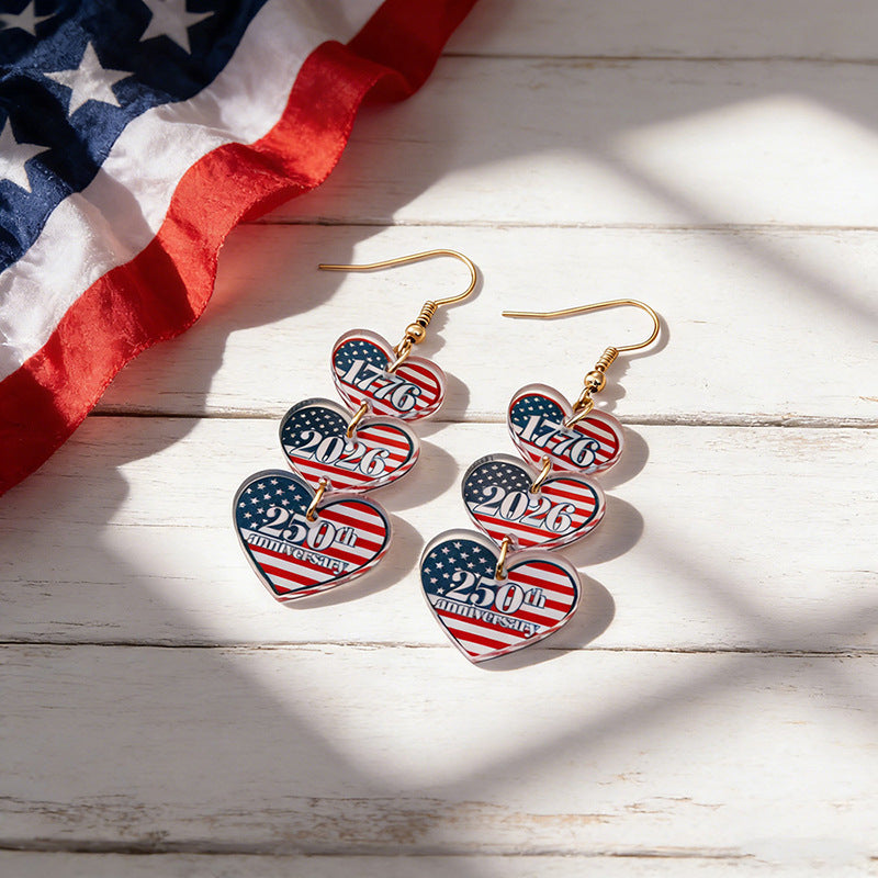 Women's acrylic statement earrings long pendant bow motif with patriotic print Bowlift