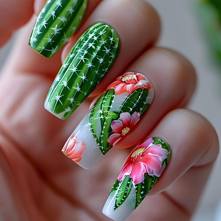 Artificial nails with blooming cactus design Bowlift