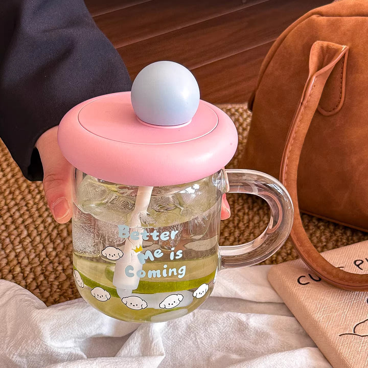 Women's glass drinking cup with silicone lid and integrated straw Bowlift