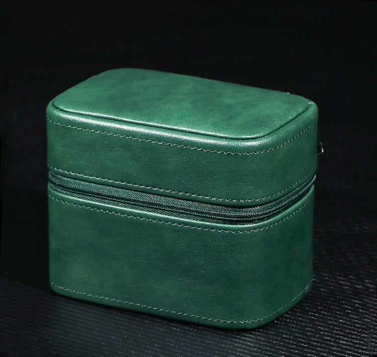 Compact Travel Leather Jewelry Organizer Box with Zippered Two-Tier Interior Bowlift