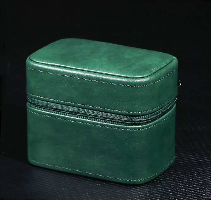 Compact Travel Leather Jewelry Organizer Box with Zippered Two-Tier Interior Bowlift
