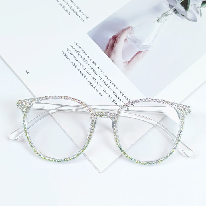 Women Stylish Cat Eye Glasses with Sparkling Rhinestone Trim Bowlift