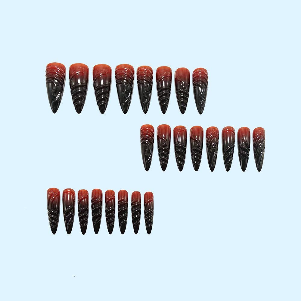 Acrylic Nail Set with Elegant Tips and Black-Red Gradient Color Bowlift
