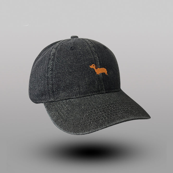 Denim Baseball Cap with Whimsical Dog Embroidery