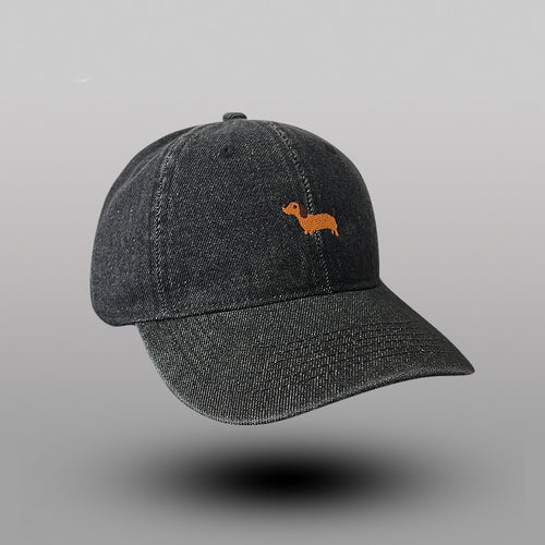 Denim Baseball Cap with Whimsical Dog Embroidery