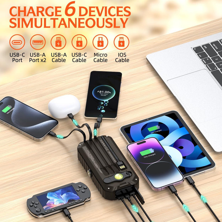 Solar Power Bank with Integrated Charging Cables and LED Flashlight Bowlift