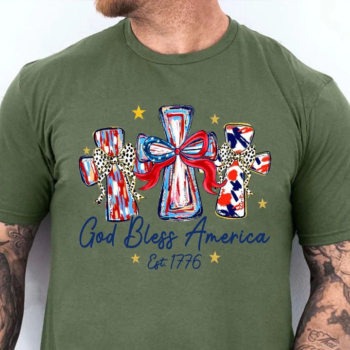 Women's nan patriotic graphic cotton tee with cross ribbon print Bowlift