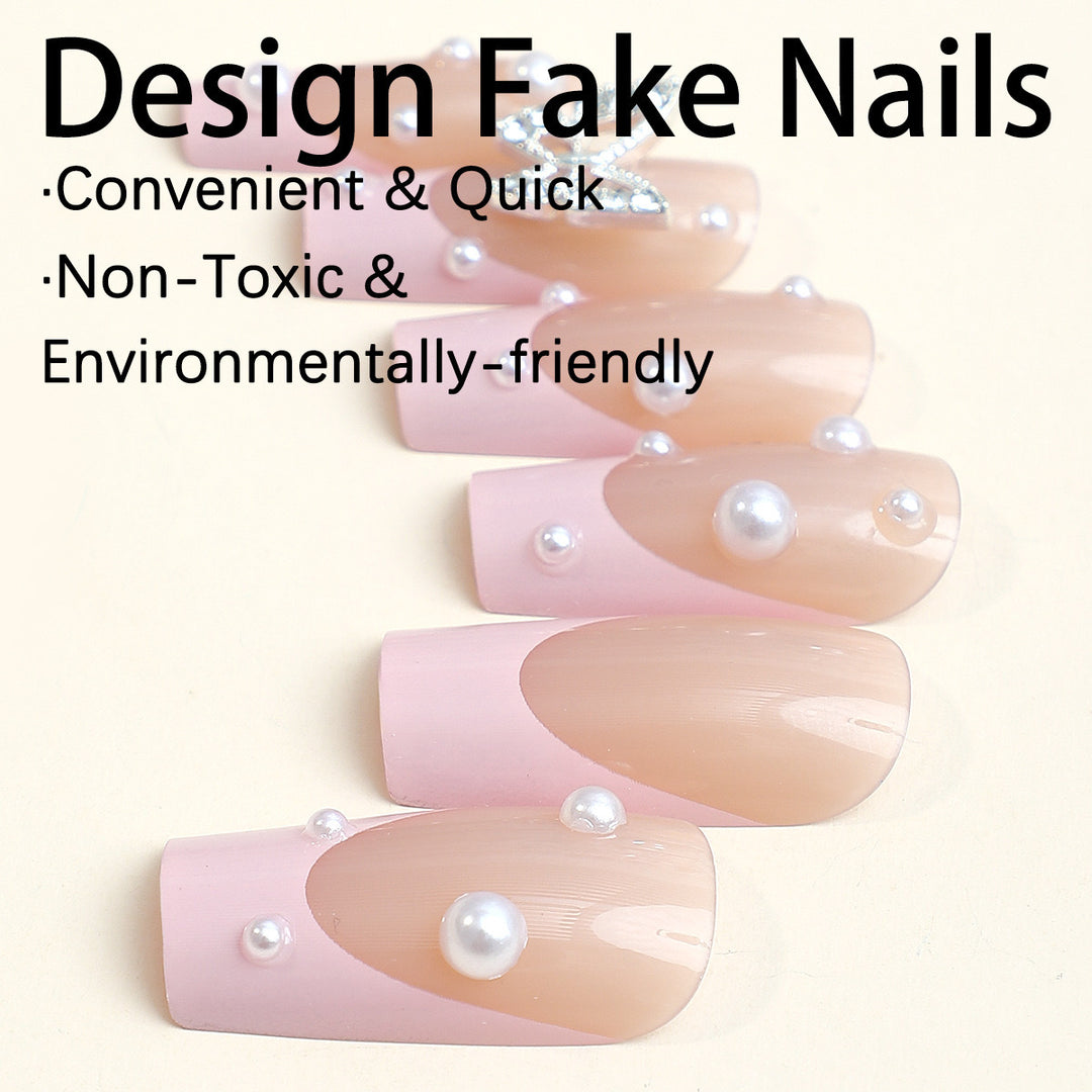 Acrylic nail set with stylish 3D pearl and glitter decorations Bowlift