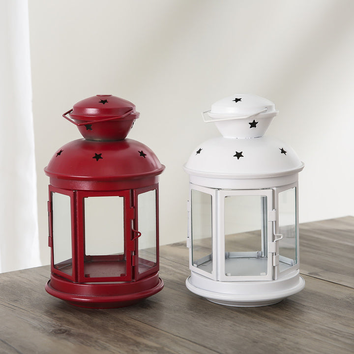 Vintage-Inspired Cylindrical Metal Tea Light Lantern with Star Vent Cutouts and Hinged Glass Door Bowlift