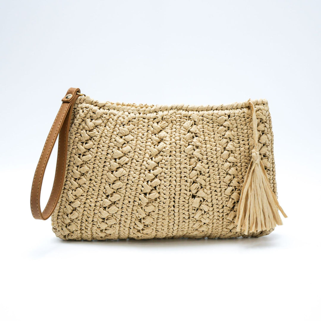 Woven natural material handbag with tassel Bowlift