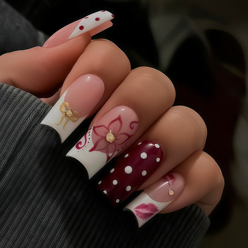Decorative Press-On Nail Art Set with Floral Accents Bowlift