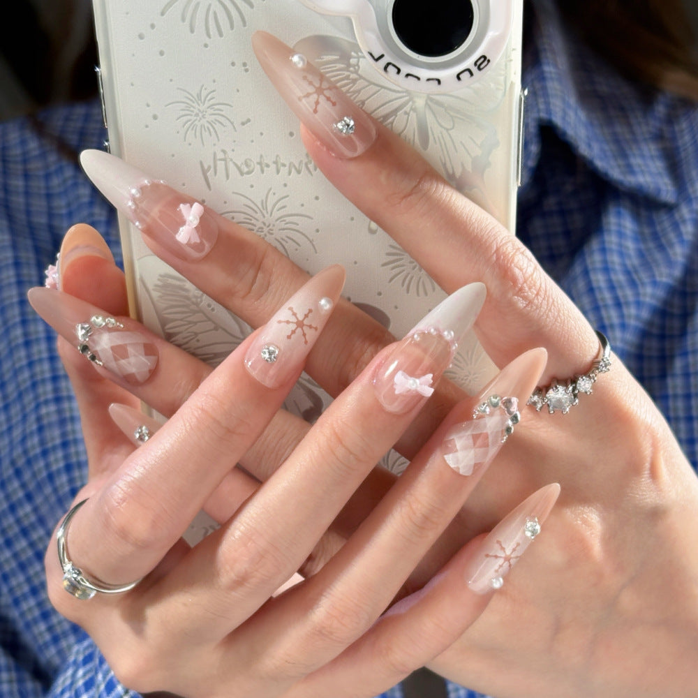 Elegant Press-On Nail Set with Floral and Rhinestone Accents Bowlift