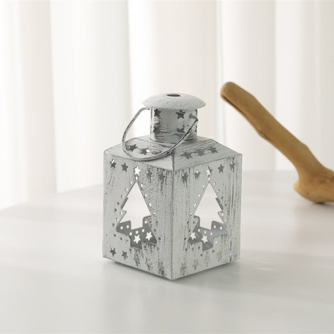 Distressed Shabby-Chic Square Tea Light Lantern with Christmas Tree Cutouts Bowlift